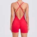 Red backless yoga bodysuit with cross straps and ruched detailing for fitness - S / Top And Bottom / Red