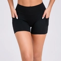 Women's black high-waisted yoga shorts with side pockets and slimming back V-waist design - S / Bottoms / Black