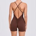 Body de sport dos nu marron foncé pour femme avec bretelles croisées et taille froncée - Café