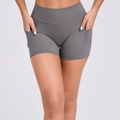 Dark gray high-waisted yoga shorts with side pockets and slimming compression fit - S / Bottoms / Dark Gray