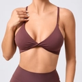 Slim fit deep purple yoga sports bra with adjustable straps and twist-front design - S / Coffee