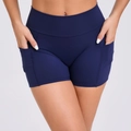 High waist yoga shorts in navy blue with side pockets and compressive slimming fabric - S / Bottoms / Navy Blue