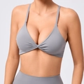 Grey yoga bra with adjustable thin straps and elegant front twist detail design - S / Dark Gray