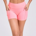 Women's high waist yoga shorts in neon pink featuring side pockets and V-back waist shape - Wild Peach