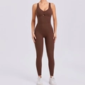 Dark coffee yoga jumpsuit with cutout detail and ribbed stretch fabric for fitness - Dark Coffee