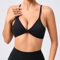 Brassière de sport noire à col en V, détail noué et fines bretelles réglables - Noir