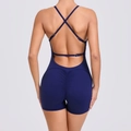 Dark blue backless yoga romper with ruched peach butt lifting design and cross straps - Navy Blue