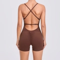 Dark coffee backless yoga jumpsuit with cross straps and ruched peach butt lifting detail - Coffee