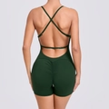 Women's deep green backless yoga bodysuit with cross straps and scrunch butt detail - Dark Green