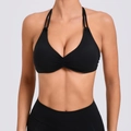 Soutien-gorge sport noir plissé avec doubles bretelles licou et coupe très extensible - S / Noir