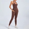 Deep brown halter neck yoga bodysuit with side pockets and slim fit design for women - Coffee