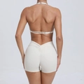 Women's backless sports bra and high-waisted scrunch booty shorts set in beige finish - L / Top And Bottom / Beige
