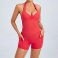 Red halter neck backless yoga romper with side pockets and ruched chest detail - L / Red