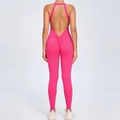 Rose pink backless yoga bodysuit with neck buckle and scrunch butt detail for fitness - Rose Red