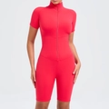 Tuta da yoga rossa a maniche corte con cerniera frontale e design modellante per l'addome - S / Rosso