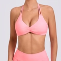 Hot pink yoga sports bra with halter straps and pleated detail on the chest - S / Wild Peach