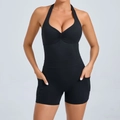 Black backless halter yoga bodysuit with side pockets and ruched chest detail - Black