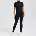 Damen Yoga Overall in Schwarz mit kurzen Ärmeln, Reißverschluss vorne und Kompressionseffekt - Schwarz