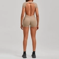 Khaki backless one-piece yoga jumpsuit with peach-lift effect and athletic short sleeves - Clay Brown