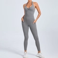 Grey halter neck yoga jumpsuit for women with side pockets and backless athletic design - S / Dark Gray