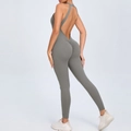 Gray-green backless yoga jumpsuit with scrunch butt detail and halter neck for fitness - S / Dark Gray