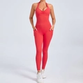 Red halter neck yoga jumpsuit with side pockets and backless slim fit sports design - S / Red