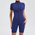 Tuta da yoga blu scuro aderente con collo alto, maniche corte e cerniera frontale - S / Blu navy