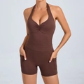 Deep brown halter neck yoga romper with gathered front and side pockets for sports - S / Coffee