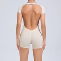 Beige backless yoga romper with short sleeves and high elastic compression fabric - Beige
