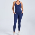 Navy blue halter neck yoga jumpsuit with side pockets and slimming backless design - S / Navy Blue