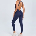 Dark blue backless yoga jumpsuit with halter neck and ruched scrunch butt design - S / Navy Blue