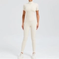 Kortmouwige yoga bodysuit met rits aan de voorzijde in crèmewit voor fitness en gym - S / Beige