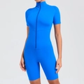 Short sleeve royal blue yoga bodysuit with front zipper and tummy control design - Sapphire Blue