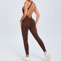 Deep brown backless yoga bodysuit with scrunch butt detail and crisscross straps - S / Coffee