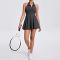 Dunkelgraues Neckholder Tennis-Kleid mit hochelastischem Stoff und ausgestelltem Saum - S / Kohlegrau