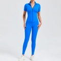 Kortmouwige koningsblauwe yoga jumpsuit met ritssluiting en hoge elasticiteit - S / Koningsblauw