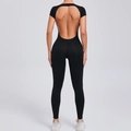 Tight black short sleeve backless yoga bodysuit with butt lifting compression fit - Black