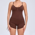 Brown athletic yoga bodysuit with V-neck, thin straps and side drawstring details - Coffee