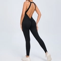 Black backless yoga jumpsuit with peach lift design and moisture-wicking fabric - S / Black