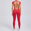 Slim fit red backless yoga jumpsuit with short sleeves for athletic women fitness - Red