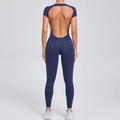 Slim fit dark blue yoga jumpsuit with open back and short sleeves for fitness - Navy Blue