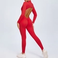Tuta da yoga rossa a maniche lunghe con schiena scoperta ed effetto push-up - S / Rosso