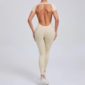 Slim fit backless yoga bodysuit in beige, short sleeves with lifting fitness leggings - Beige