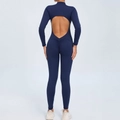 Tuta da yoga blu scuro a maniche lunghe con apertura ovale sulla schiena e arricciata - S / Blu navy
