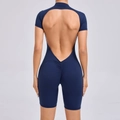 Tuta da yoga blu scuro a maniche corte con schiena scoperta e dettaglio arricciato - S / Blu navy