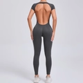 Dark grey open back yoga bodysuit with short sleeves and high elasticity fit - Charcoal Gray