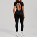 Tuta da yoga nera aderente a maniche corte con schiena scoperta e leggings lunghi donna - S / Nero