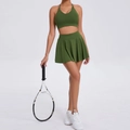 Dames sportset in legergroen met halter-cross bh en geplooide tennisrok - S / Legergroen