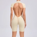 Beige backless yoga bodysuit with scrunch butt detail and short sleeves for fitness - Beige