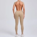 Khaki backless short sleeve yoga jumpsuit with bodycon fit for athletic fitness training - Clay Brown